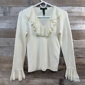 Lauren Ralph Lauren Ivory Ribbed V-Neck Ruffle Lace Trim Sweater‎ Womens Medium